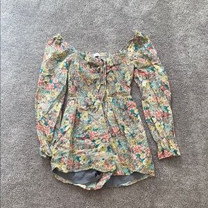 Pink Lily Smocked Tie Front Blouse in Pink and Green